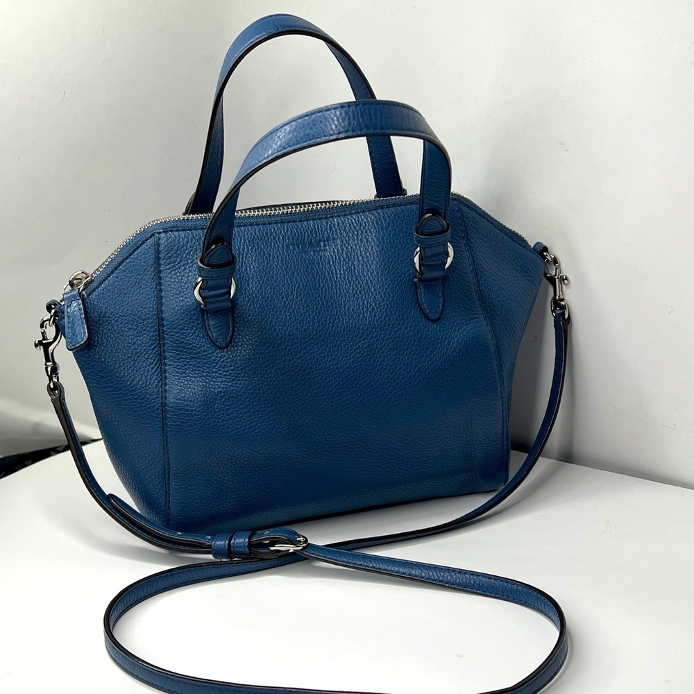 Coach Blue Pebbled Leather Two Way Crossbody Double Handle Zip Top Satchel Bag
